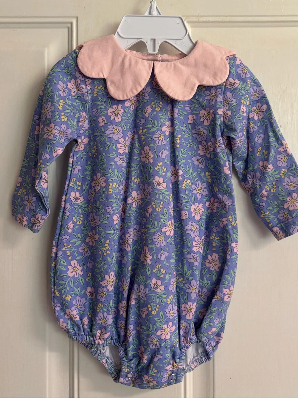 6m Stitchy Fish blue/purple/Pink floral long-sleeve bubble romper.  In EUC!